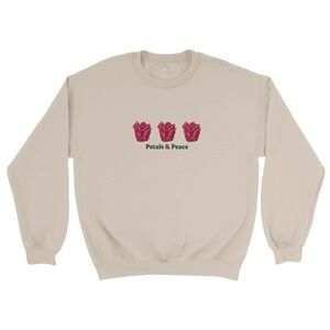 Gildan Beige Sweatshirt w/ Floral Design, Unisex Medium, Petals & Peace Crewneck